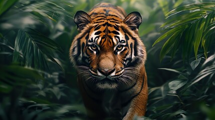 Wall Mural - A majestic tiger strolling confidently through lush jungle wallpaper