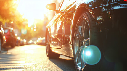 sleek black car parked on sunlit street, showcasing its shiny wheel and modern design. warm sunlight creates vibrant atmosphere, enhancing urban setting