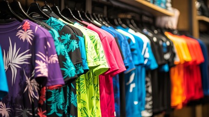 Vibrant Display of Men's Sports T-Shirts in an Athletic Wear Store. AI generated illustration