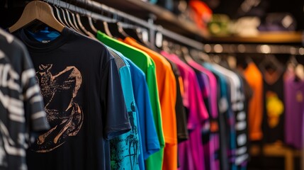 Vibrant Display of Men's Sports T-Shirts in an Athletic Wear Store. AI generated illustration