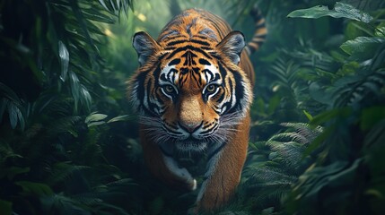 Wall Mural - A majestic tiger walking cautiously through lush jungle wallpaper