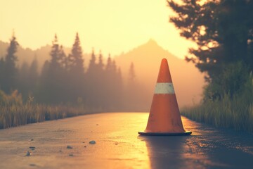 Canvas Print - Traffic Cone on a Road at Sunset in a Forest