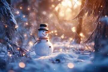 Canvas Print - A Snowman Standing in a Snowy Forest with Festive Lights