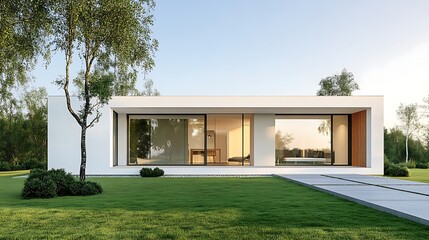 Wall Mural - Modern Minimalist House with Large Windows and Green Lawn