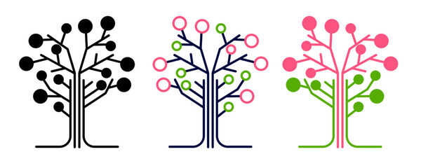 Pink and green decision tree with circles on branch and black tree. Abstract icon of tree