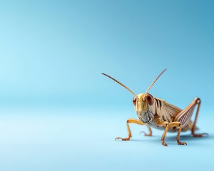 A detailed close-up of a grasshopper showcasing vivid colors against a bright blue background, perfect for nature enthusiasts and educational purposes.