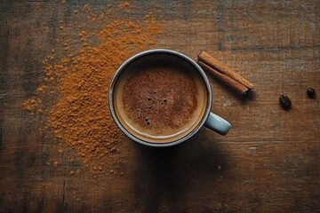 Poster - A Cup of Coffee with Cinnamon Sticks and Coffee Beans on a Wooden Surface