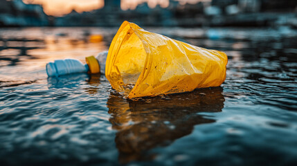 underwater view of plastic pollution and microplastics scattered across the ocean floor. The image highlights the environmental crisis of marine debris threatening aquatic ecosystems