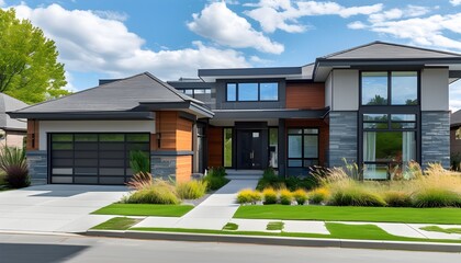 Wall Mural - Contemporary North American Suburb with Lush Greenery and Bright Summer Sunshine