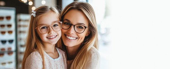 Smiling young woman and girl wearing eyeglasses banner. Happy mother and daughter trying on glasses in optic store for sight, vision, eye care. retail shop. Buying spectacles in optic store Copy space