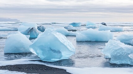 Wall Mural - Large chunks of glacial ice on black sand beach with blue water and overcast sky.
