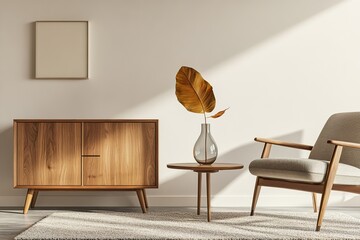 Modern Scandinavian living room with a wooden commode, sleek design armchair, soft carpet, and a leaf in a vase on a minimalist table, highlighted by a contemporary table lamp.