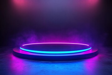 Poster - A circular stage with blue and pink neon lights in a dark room with smoke.