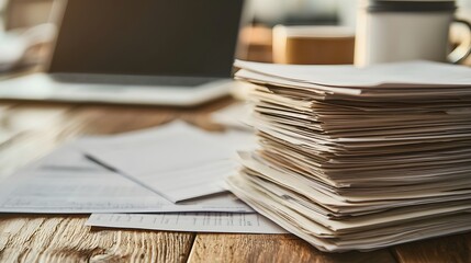 Poster - Organized Financial Reports and Documents on Wooden Desk with Laptop and Coffee