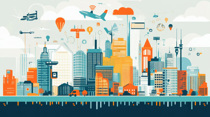 Wall Mural - Modern city skyline featuring skyscrapers, technology, and transportation elements, showcasing vibrant urban environment filled with innovation and activity