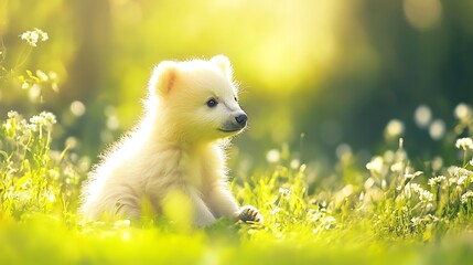 Wall Mural - Adorable white polar bear cub sitting in a field of wildflowers, bathed in warm sunlight.