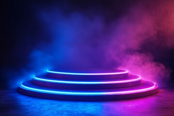 Poster - A circular podium with three steps illuminated by blue and pink neon lights with smoke in the background.