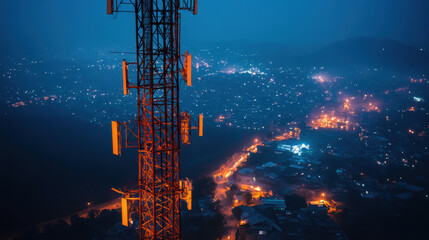 Wall Mural - telecommunications tower stands tall against twilight cityscape, illuminated by warm glow of streetlights and buildings. scene captures vibrant energy of urban life at night