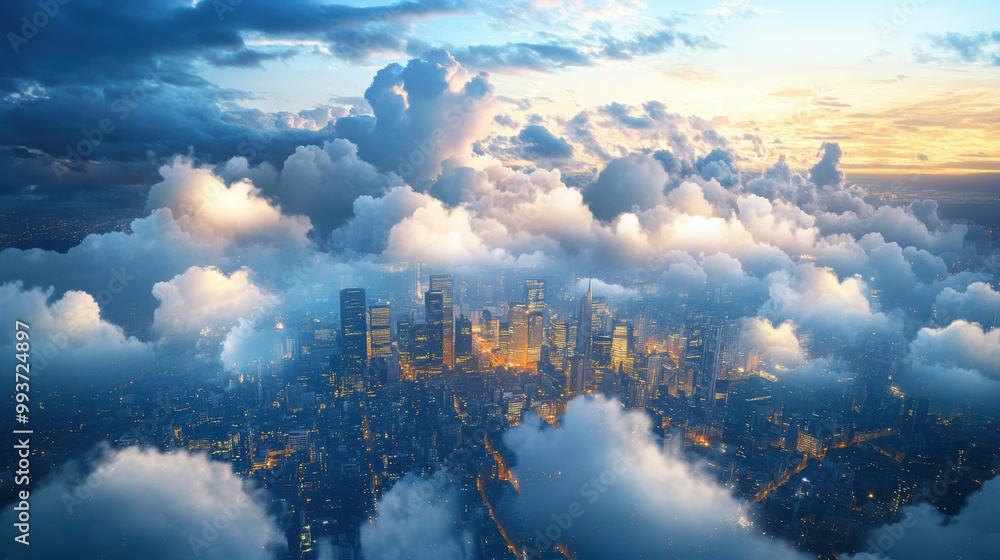 breathtaking aerial view of vibrant urban skyline emerging from fluffy ...