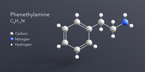 Poster - phenethylamine molecule 3d rendering, flat molecular structure with chemical formula and atoms color coding