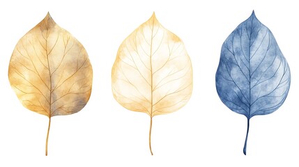 Wall Mural - Three artistic leaves in varying colors of gold and blue, showcasing delicate veins and a translucent texture.