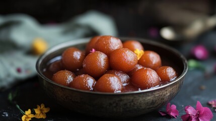 Wall Mural - Close-up of Gulab Jamun, a popular Indian dessert, in a metal bowl.