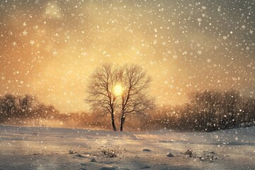 Poster - Sunset Through Bare Trees in a Snow-Covered Field