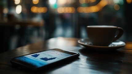 Wall Mural - smartphone showing stock market data with coffee cup on table in cafe