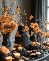 Wall Mural - Elegant Black and Orange Floral Dessert Table Display