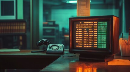 A vintage workspace featuring an old computer monitor displaying text and a rotary phone.