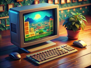 Vintage Computer Software Interface on a Retro Monitor Displaying Code and Graphical Elements