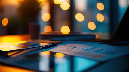 Wall Mural - business desk showing financial charts with illuminated bokeh background