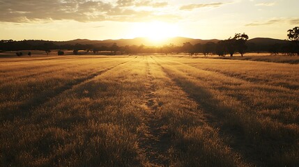 Sticker - A dirt path leads through a field of tall grass towards the setting sun, illuminating the landscape with warm golden light.