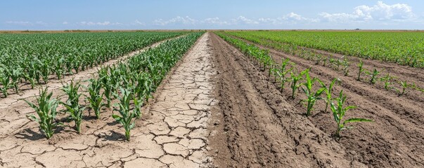 A split image showing vibrant green crops flourishing on one side and dry, cracked soil on the other, illustrating the impacts of drought on agriculture.