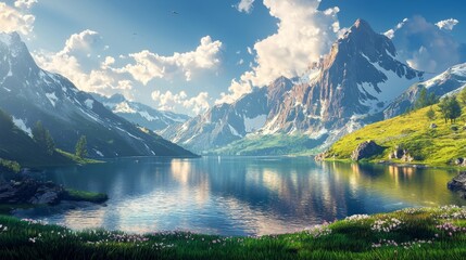 A panoramic view of the mountains and lake. Beautiful landscape stunning natural landscape