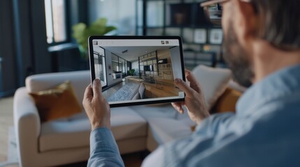 Man Viewing Virtual Tour of a Modern Living Room on Tablet