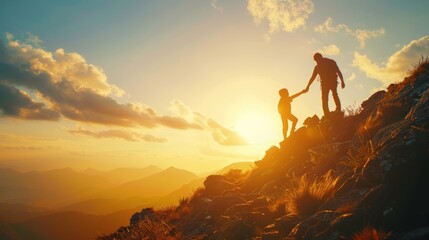 Silhouettes of Two Hikers Reaching the Summit at Sunset