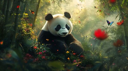 Wall Mural - A cute panda bear sits in a lush bamboo forest, surrounded by colorful flowers and butterflies.