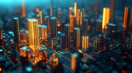 Poster - A futuristic cityscape made of glowing 3D bar chart bars, symbolizing data and analytics transforming into urban development and technological advancement