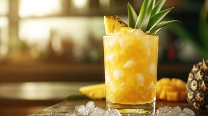 Wall Mural - A full glass of pineapple drink with ice, fruit, and a kitchen background are shown on a table with crushed ice. frontal view. composition that is horizontal.