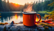 © Vadim - Orange enamel cup of hot steaming coffee sitting on an old log by an outdoor campfire on the edge of a coniferous forest near a forest lake with blurred background