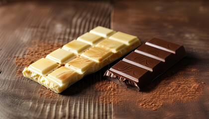 White and dark chocolate bars on wooden table with cocoa powder