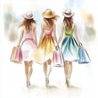 © grape_vein - Three stylish women walking together after shopping in colorful dresses and hats