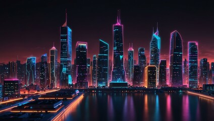 3D illustration of a futuristic cityscape glowing with neon lights.