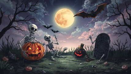 Wall Mural - spooky halloween in the grave with skeleton, bats, pumpkins, moon and gravestone background