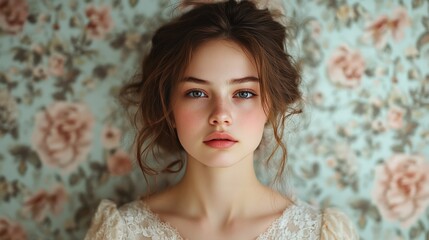 Vintage style portrait of a girl with floral background and soft lighting