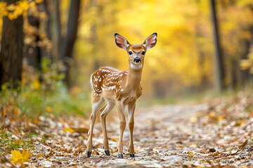 Wall Mural - Generated with AI technology picture of graceful deer standing in a dense orange forest