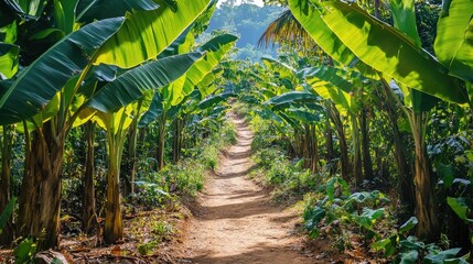 A group of banana trees standing tall along a dirt path in a tropical forest, their large leaves creating a canopy over the trail.