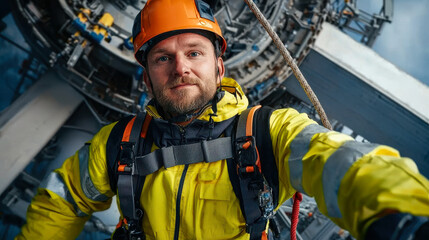 maintenance engineer in bright yellow safety jacket and helmet is working at height, showcasing focused expression. industrial background emphasizes importance of safety in engineering tasks