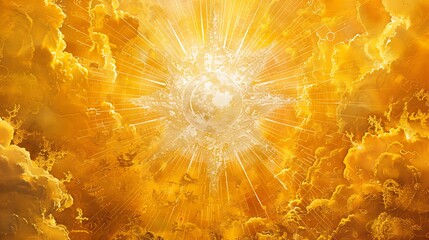 Wall Mural - A bright sun shining through clouds with a ray of light and golden light background.